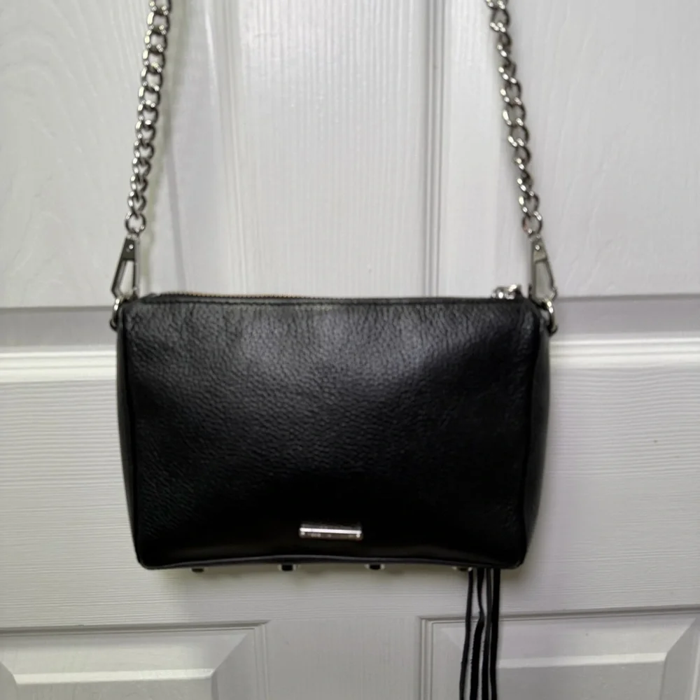 Rebecca Minkoff Avery Leather Crossbody Bag, Pebbled Black Silver Chain